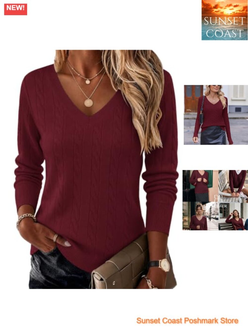 Cable Knit V Neck Long Sleeve Pullover Sweater Fall Winter Top